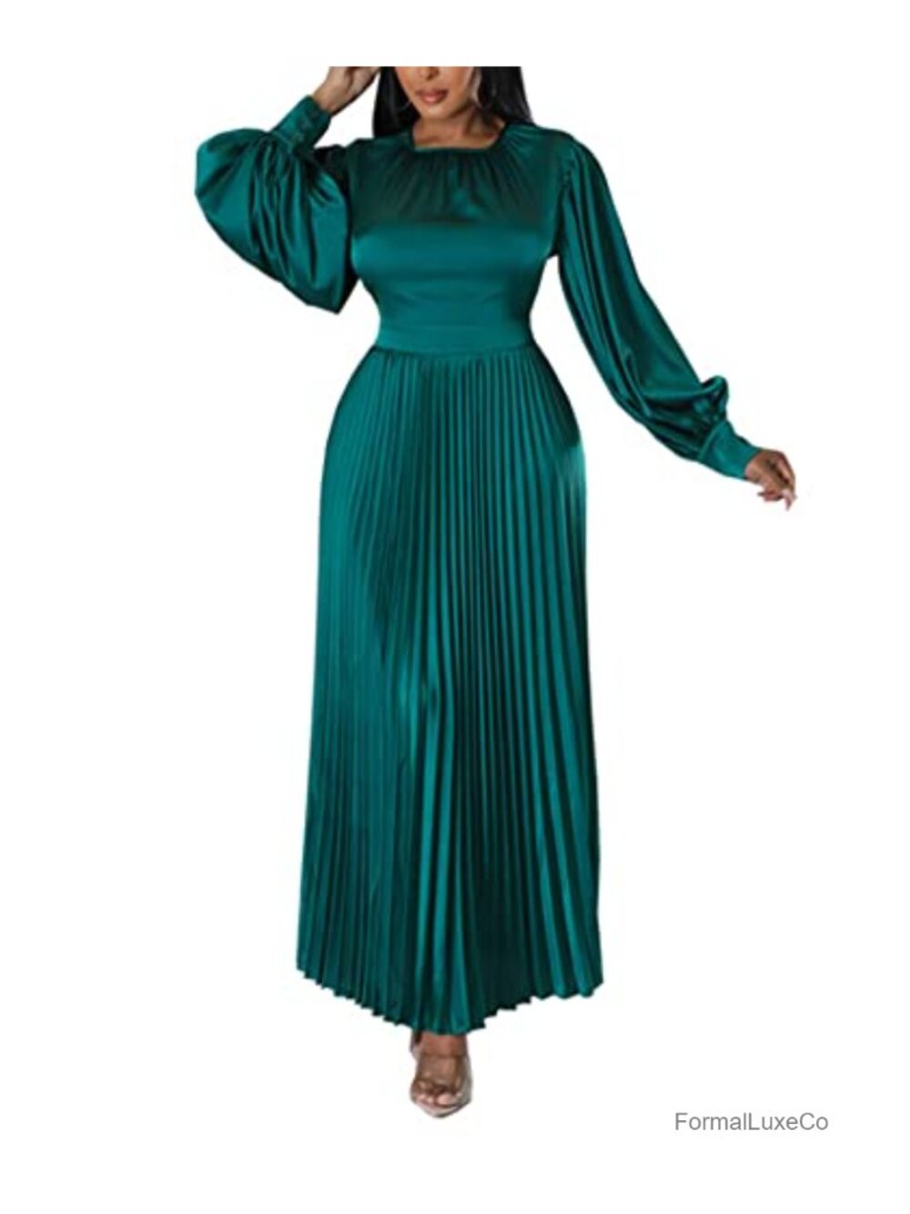 Metallic Pleated Maxi Dress Long Sleeve High Waist Swing Party Gown